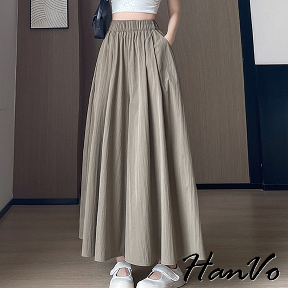 【HanVo】垂感A字高腰大寬褲裙 鬆緊腰薄款設計感休閒褲 韓系女裝 女生長褲 A04-2632