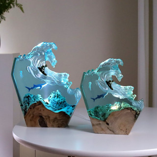 海洋禮物 微景觀衝浪鯨魚創意擺件 藝術燈座 實木樹脂 造型小夜燈