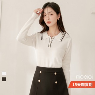 niceioi【特惠】Polo衫女 polo衫 針織上衣 白色 [輕學院撞色POLO領針織細格上衣] 女裝