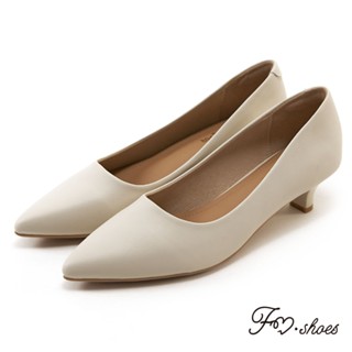 FM SHOES 復古尖頭軟皮小貓跟鞋 米