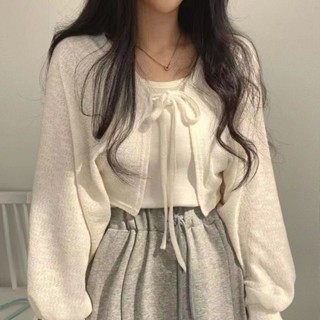 ZUCAS~韓版復古綁帶薄款泡泡袖短版外套 上衣 女裝 衣服 外套 薄外套 罩衫 防曬外套 長袖上衣 針織 (T-21)