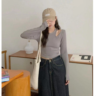 CHILL現貨 2025早春韓版單肩挖洞長袖短版T 短版上衣 女生短版緊身上衣 圓領上衣 短版長袖 女生 休閒上衣 預購