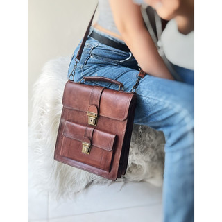 學院雙釦方型包牛皮 古董真皮革手提雙肩背包bag vintage ほんがわ 本革 Genuine Leather