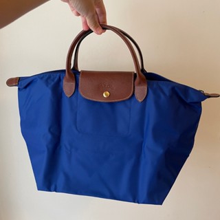 LONGCHAMP LE PLIAGE系列短把再生尼龍摺疊水餃包 旅行袋 手提包 媽媽包 行李袋 藍 全新