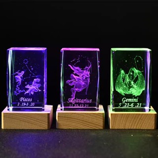 【臺灣現貨】【當天出貨】USB插電 木底座款 十二星座 創意 水晶 生日禮物 情人 閨蜜 禮品 3D 內雕 禮物