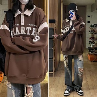 L-4XL 大尺碼 大學t 大碼300斤美式復古polo衛衣女春秋vintage翻領上衣百搭學院風外套