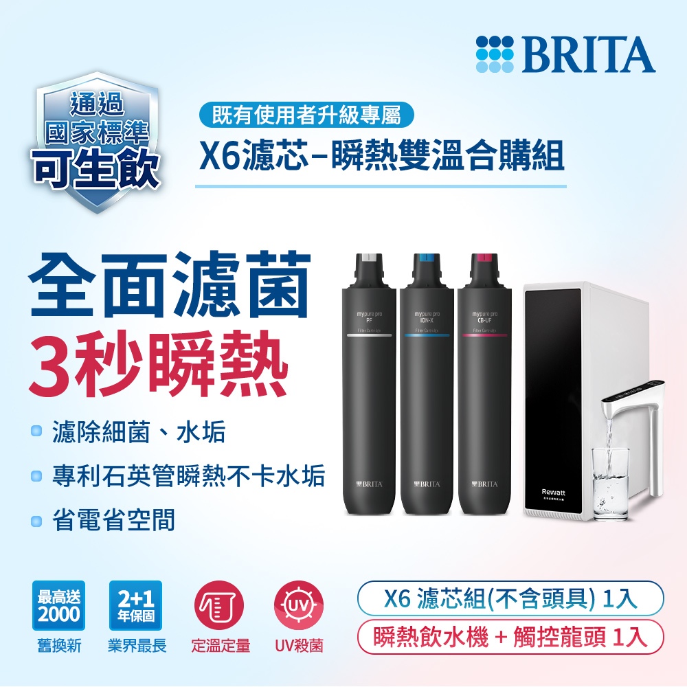德國BRITA mypure pro X6濾芯組 搭配REWATT YO-50櫥下瞬熱飲水機 瞬熱雙溫合購組 大大淨水