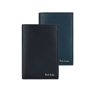 PAUL SMITH 燙金LOGO內裡條紋設計滑面牛皮直立式6卡對折短夾(兩色x內彩色條紋)