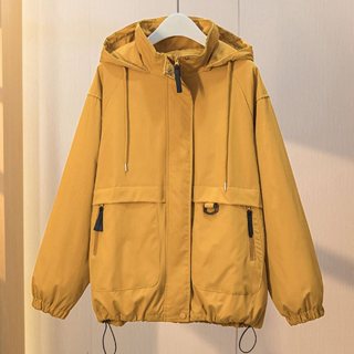 連帽外套 風衣外套 秋冬外套M-2XL中大尺碼大碼外套 黃色連帽工裝女春秋寬鬆運動登山服外套衝鋒衣NE245.24112