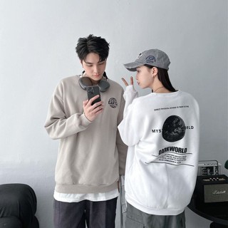 【衣衫倉庫】韓國 長袖 大學T 月球 重磅 刷毛 寬鬆 落肩 情侶 長袖男