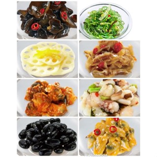 日式風味小菜 / XO幹貝魷魚拌醬/ 和風裙帶絲 /柚香蓮藕 / 珍味幹貝唇 /佃煮黑豆 /椒香川耳/芥末魷魚/麻辣鮮蛤