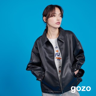 【gozo】復古翻領拉鍊皮衣夾克(黑色/米色 F) | 女裝 顯瘦 百搭 皮衣 復古 古著 外套 皮衣外套