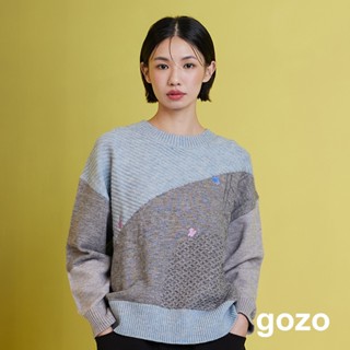 【gozo】Ada繡花配色織紋造型毛衣(深灰/淺卡其 F) | 女裝 圓領 休閒
