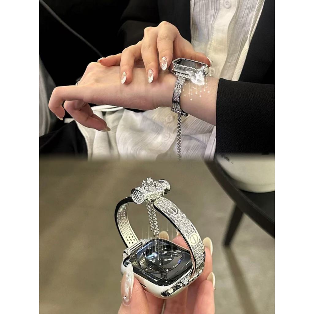 潮牌滿鑽手鐲適用於iwatch s10小眾錶帶s9輕奢簡約s8錶帶 ins冷淡風女士蘋果錶帶 applewatch錶帶