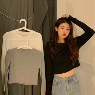 FUXI 長袖上衣女 長袖t恤 韓版短版露臍上衣 基礎款素色內搭上衣 打底衫 白色上衣 修身顯瘦上衣 女裝 衣服