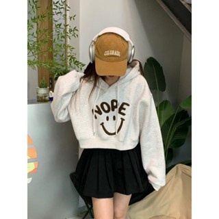 CHILL現貨 韓系內刷毛微笑毛巾繡花短版帽T 連帽長袖上衣 女裝 連帽T 連帽大學T 短版大學T 棉質長袖上衣 預購