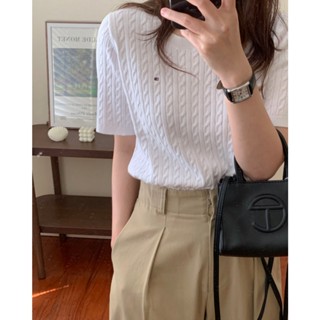 【現貨】美國代購 Tommy Hilfiger 女款 國旗 小Logo 麻花 短袖 針織 上衣 針織衫