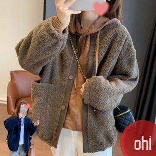 【ohi】羊羔絨毛衛衣外套 刷毛加厚寬鬆開衫 連帽外套 長袖外套 外套女 秋冬百搭外套 女裝 GCN332