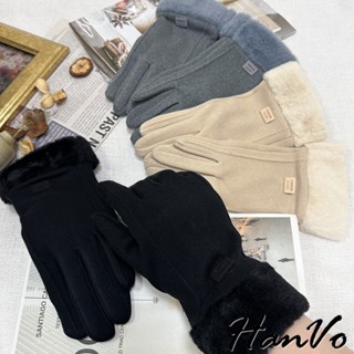 【HanVo】麂皮絨毛秋冬保暖手套 加絨加厚防寒 可觸控 機車族必備 女生配件 C02-8087