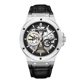 KENNETH COLE 銀色不鏽鋼殼黑色皮帶鏤空機械男錶 K3700992 43mm 臺灣公司貨保固兩年