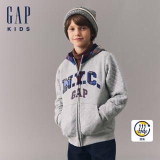 Gap 男童裝 Logo刺繡印花刷毛連帽外套-淺灰色(593876)