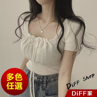 【DIFF】韓版法式氣質方領綁帶針織上衣 短袖上衣 顯瘦上衣 衣服 夏天女裝 短板上衣 短版t恤 短版上衣【T613】