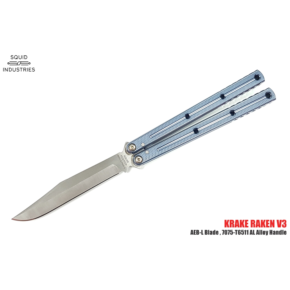 Squid Industrie Krake Raken V3 灰藍鋁柄Bowie 蝴蝶刀- AEB-L鋼