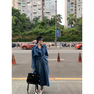 韓版氣質水洗牛仔長袖風衣外套女秋季寬鬆復古長款高階感繫帶大衣