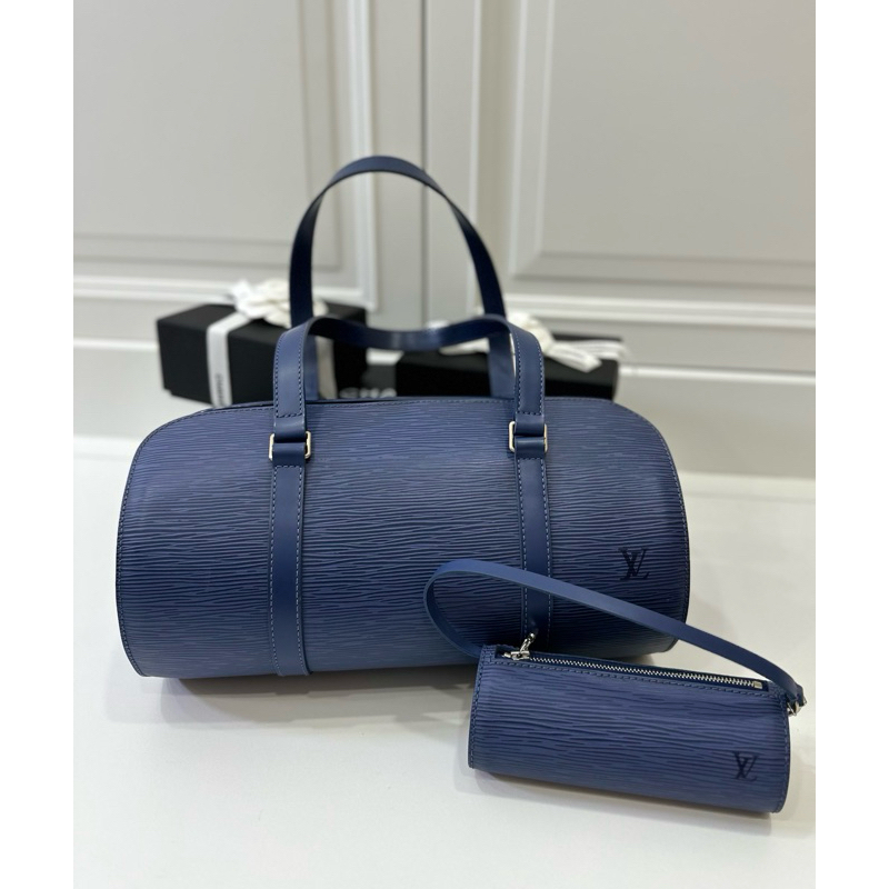 LV 路易威登 EPI 水波紋 SOUFFLOT系列 電光藍 巴比龍 圓桶子母包 圓桶包 手提包