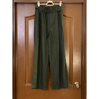 Uniqlo亞麻混紡墨綠色附腰帶後鬆緊長褲