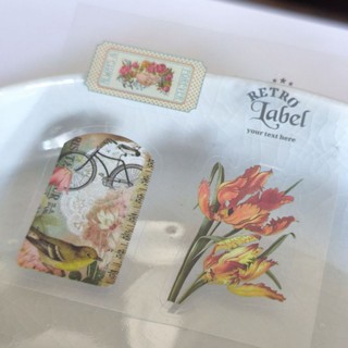 #06【透明貼紙】郵票 RETRO Label your text here 花 綠繡眼 腳踏車