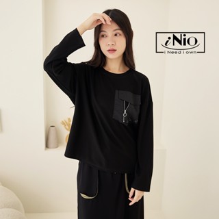 iNio 衣著美學 長袖上衣 現貨 拉鍊口袋 拼接 圓領 長袖棉T CDW1732