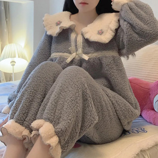 【簡美麗人】女士睡衣 娃娃領甜美居家服 公主風睡衣套裝 女冬季可愛珊瑚絨保暖家居服 宿舍可外穿睡衣 女生睡衣