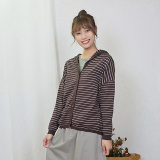 花木馬日系女裝寬鬆落肩連帽條紋針織外套