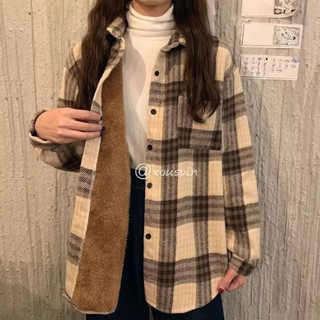 FUXI 內刷毛格子襯衫女 秋冬加絨加厚襯衫外套 復古寬鬆毛呢外套 休閒襯衣 長袖襯衫 厚襯衣 長袖上衣 女裝 衣服