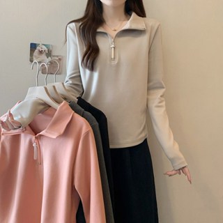 愛依依 大尺碼上衣 長袖T恤 打底衫 內搭衫L-4XL新款加厚半拉鍊polo領打底長袖T卹4F093-33342.
