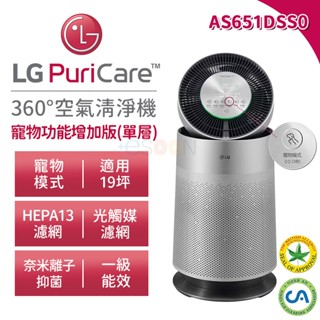LG 樂金 AS651DSS0 360° 空氣清淨機【現貨 免運】寵物功能增加版 適用19坪【單層】光觸媒 HEPA濾網