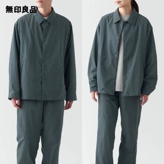 無印良品 MUJI 日本購入 男女同款 藍綠色系防水保暖教練夾克 L 防水機能面料 不繡鋼壓扣款 外套及口袋內刷科技絨