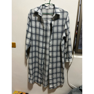 長版藍白格子襯衫外套