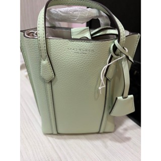 TORY BURCH Mini Perry 簡約燙金LOGO 迷你手提斜背雙層兩用包(淺綠)荔枝紋真皮-TB全新