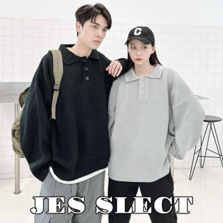 【JES】韓國 厚磅 素面 韓系 POLO領 翻領 針織 毛衣 保暖 親膚 落肩 潮流 情侶 長袖 長T 針織T 大學T