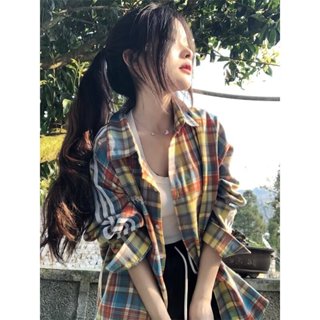 RANRAN/ 日系多巴胺格子襯衫外套女 春季薄款外套 慵懶風少年感上衣女 美式復古格子襯衫女 寬鬆 防曬衣女 百搭外套