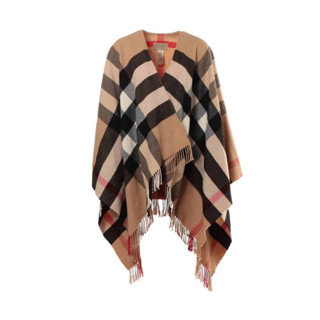 EUstore全新現貨►Burberry經典英倫格紋羊絨羊毛流蘇斗篷喀什米爾cashmere／圍巾脖圍披肩全新專櫃正品