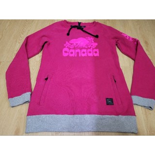 roots Canada 女大人 athletics 桃 長袖 大logo 抽繩 長版 刷毛 上衣 S