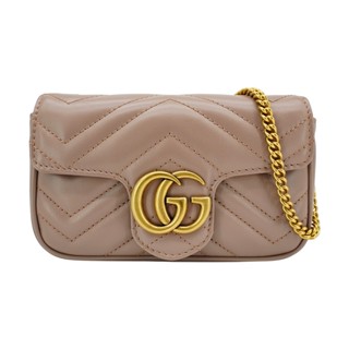 Gucci 展示品 Super Mini Marmont 仿舊金雙G牛皮釦式斜揹包(粉藕色)