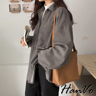 【HanVo】燈心絨寬鬆長版上衣 慵懶質感保暖外套上衣 寬鬆版型 韓系女裝 女生衣著 A02-0603