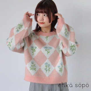 ehka sopo 甜美感菱格花卉圖案針織圓領上衣(0F000424810)