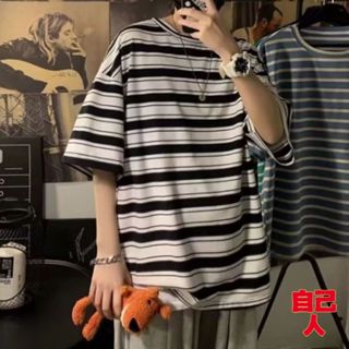【自己人】潮流ins簡約條紋上衣 M~8XL大尺碼 短袖T恤 經典條紋 圓領上衣 半袖上衣 T恤 男裝 ATKT689