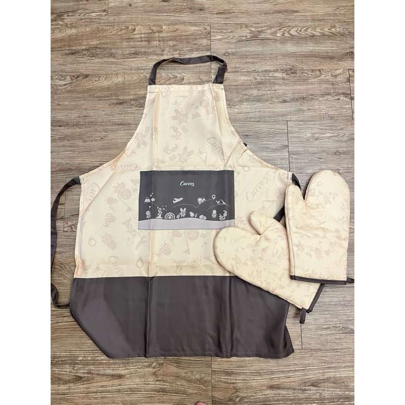 全新 圍裙 隔熱手套 防燙手套 棕色 米色curves圍裙手套組