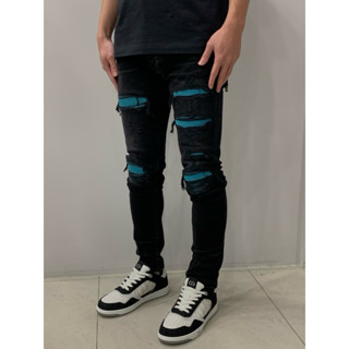 Limit精品✔️AMIRI 經典 MX1 系列 藍色 麂皮 皮革 水洗黑 彈性 窄管 牛仔褲